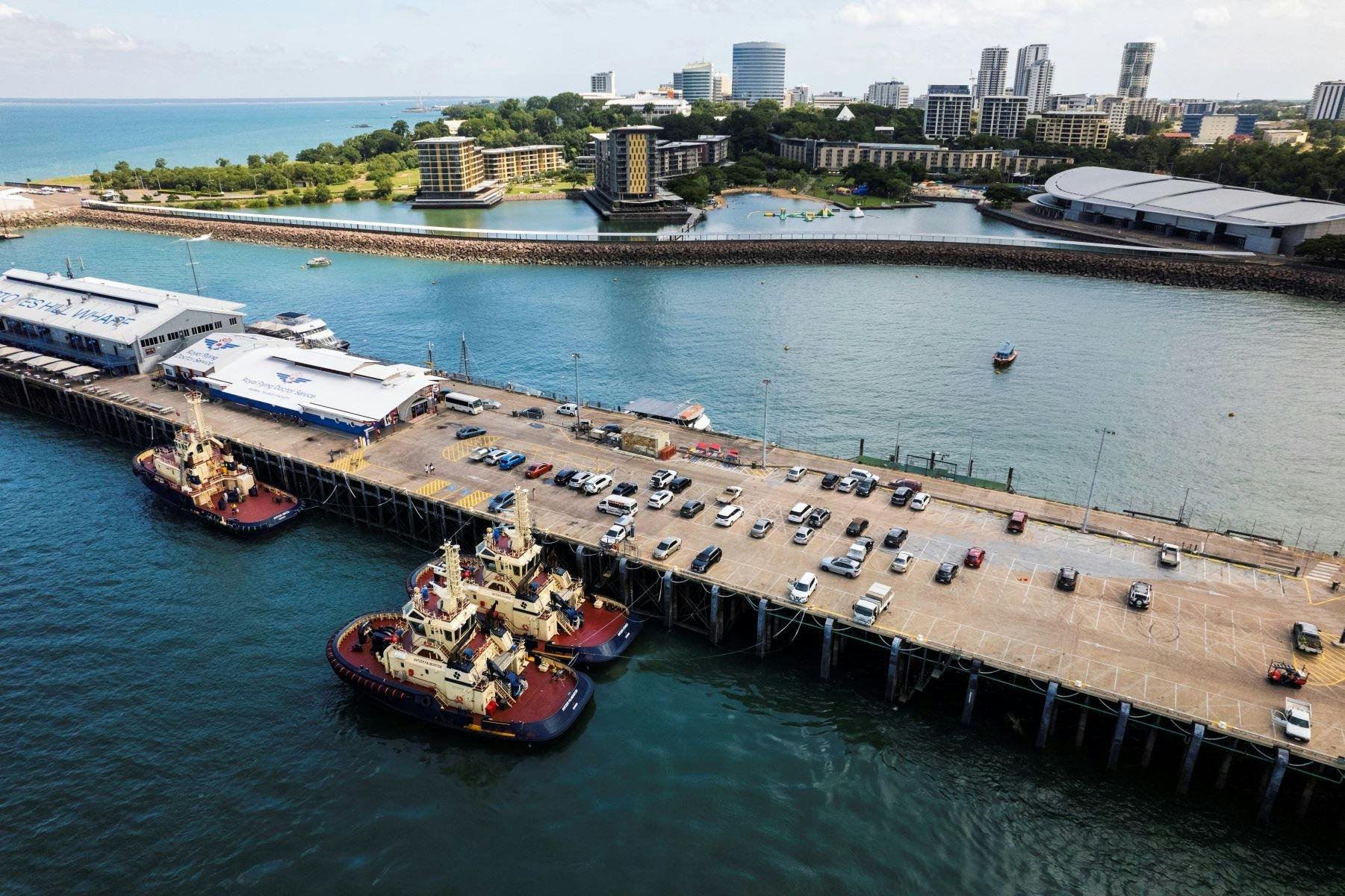 Arial view of Stokes Hill Wharf and Darwin city.