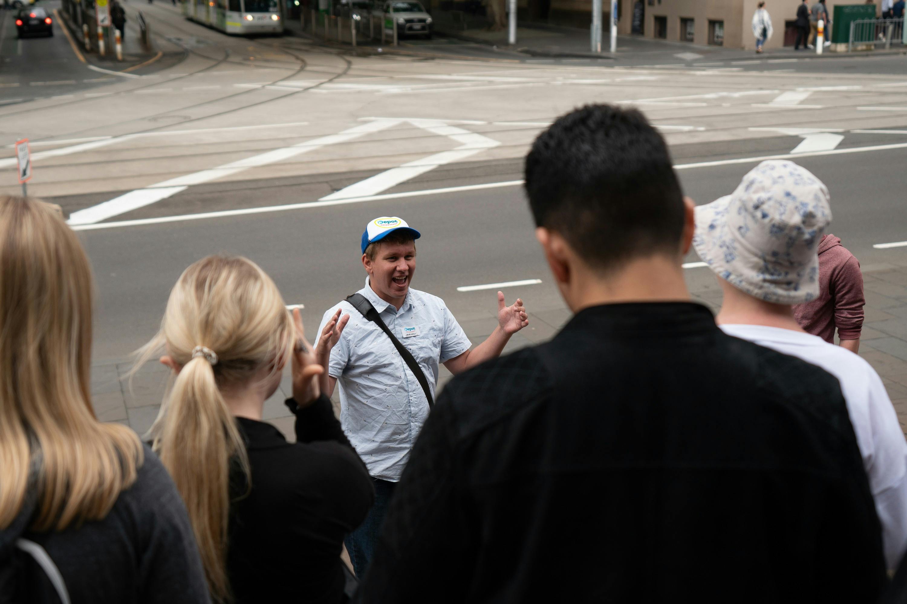 Depot guide Beau addressing the group at the top of Collins Street