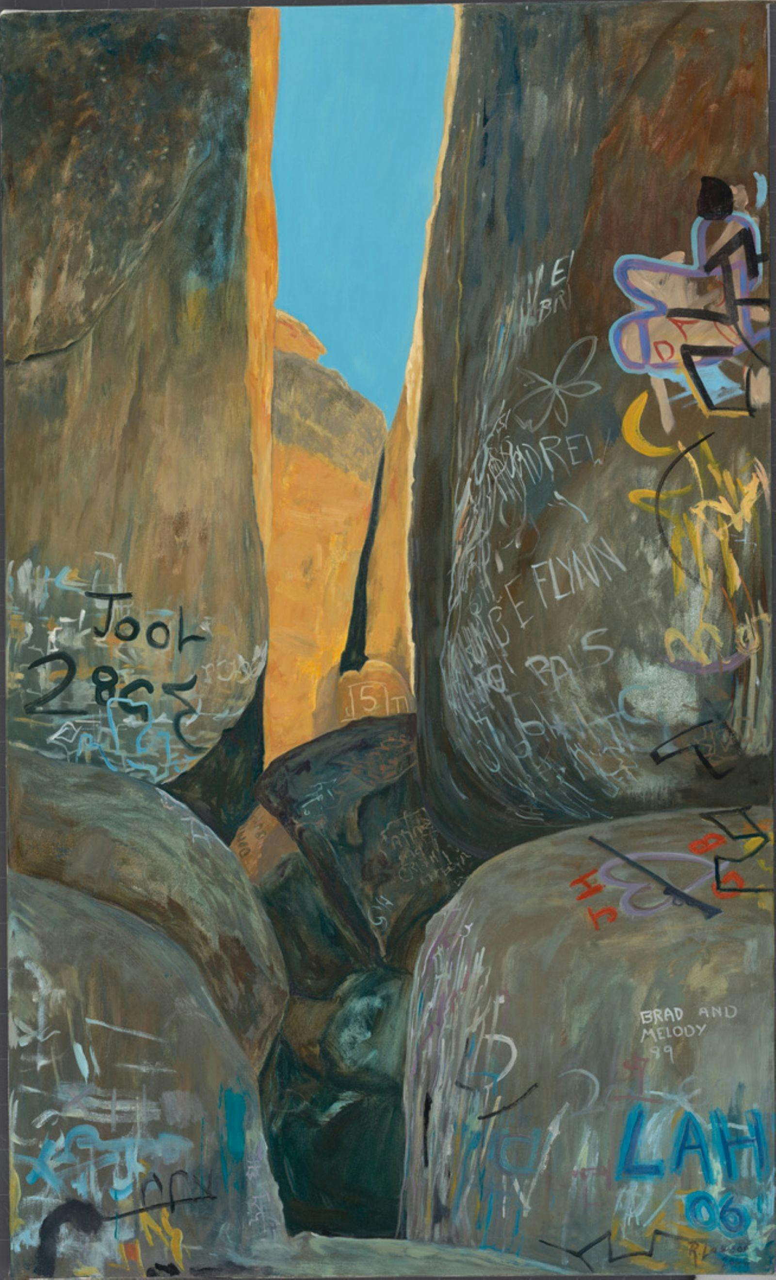 Large rocks with art work painted on them with sunlight streaming in through the gap in the rocks.