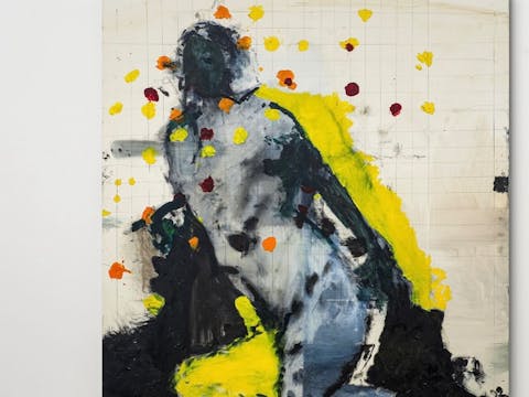 figure of a man kneeling with colours representing flowers in the background and a yellow outline.