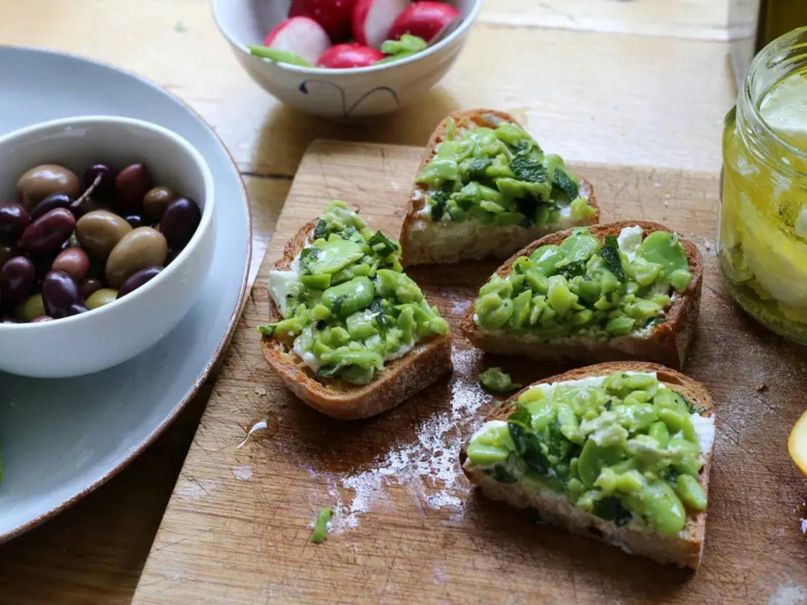 Broad bean bruschetta sits looking delicious.