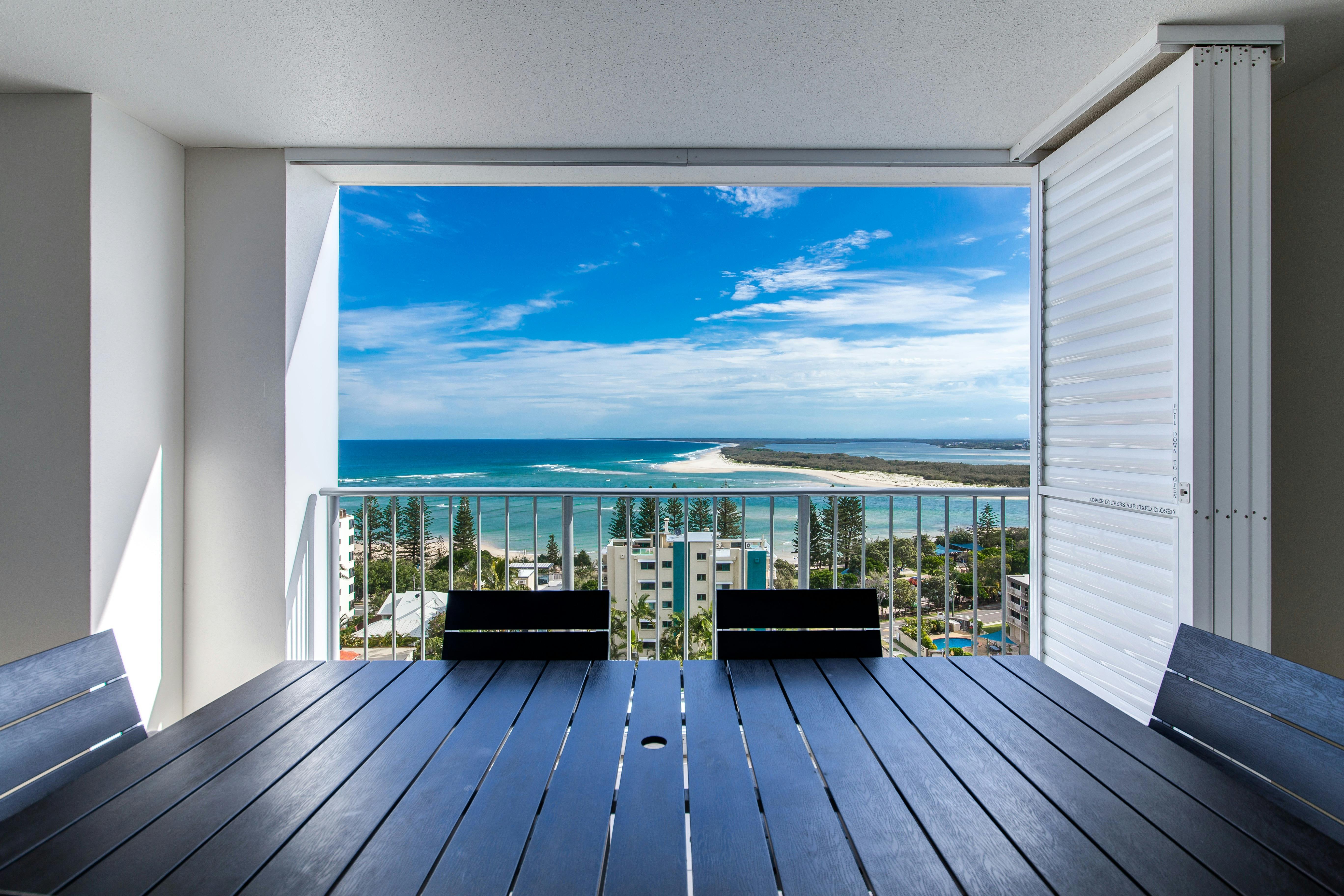 Panoramic ocean views taking in the Caloundra coast, Bribie Island southward  and Kings beach north