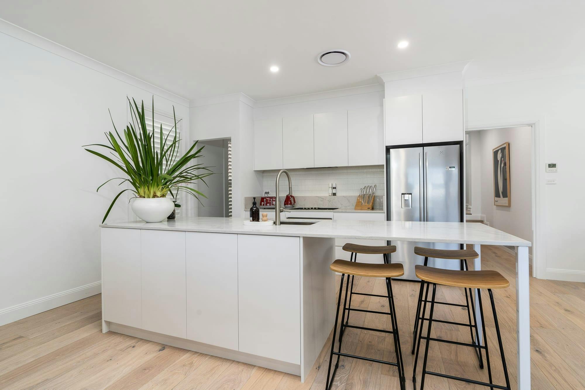 Kitchen with large island and bench seating
