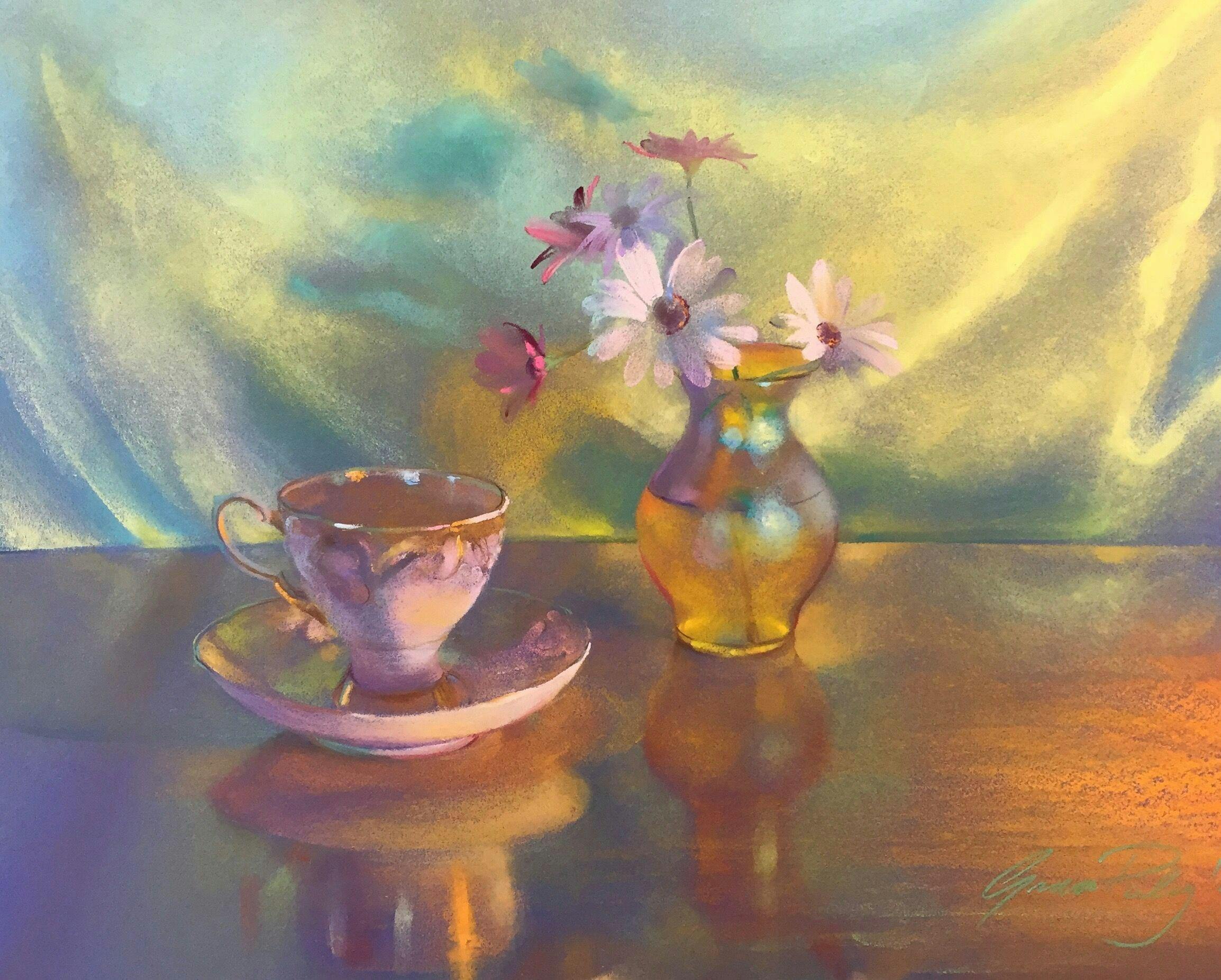 Daisies with Mums Teacups pastel on paper by Grace Paleg