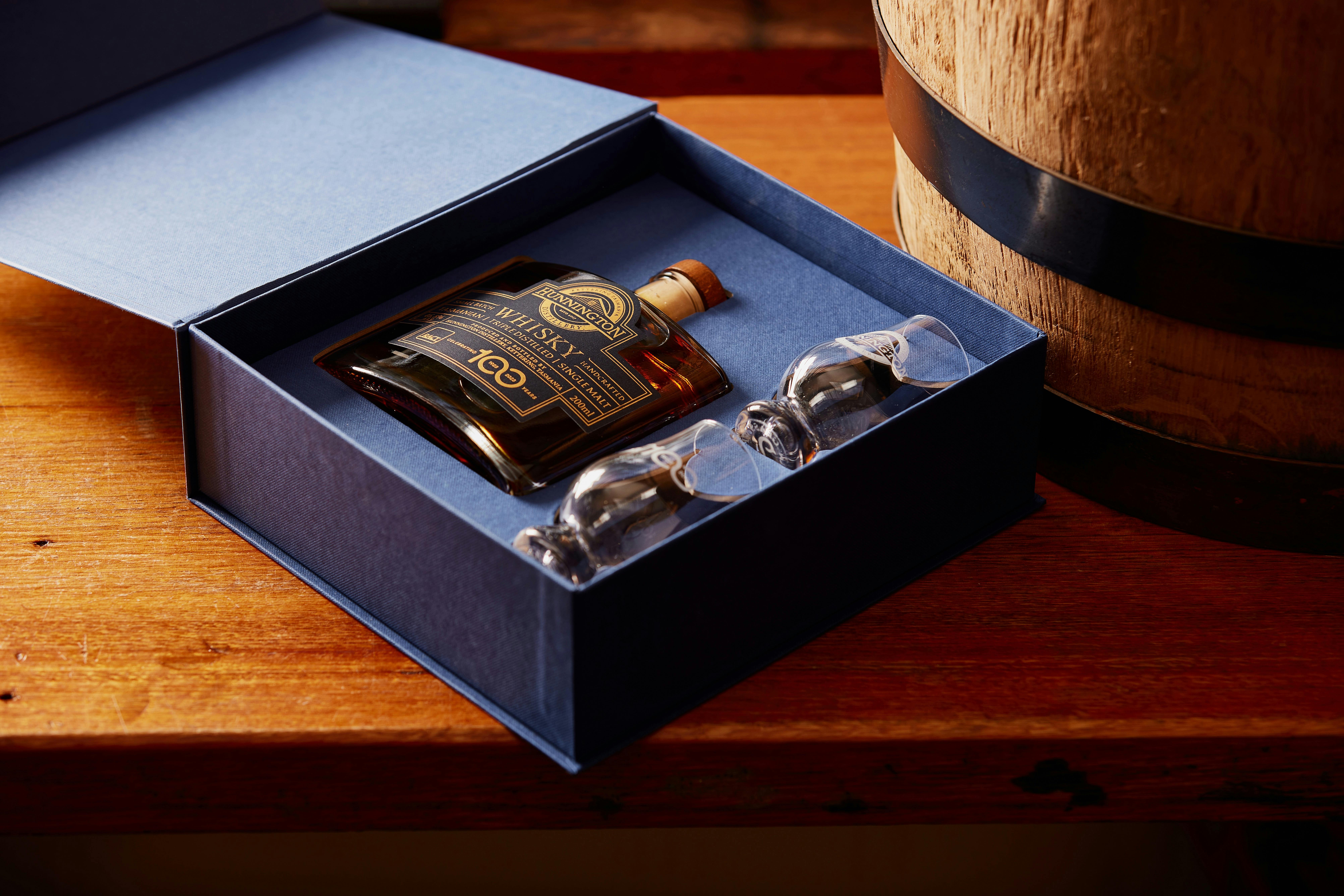 Gift pack of Hunnington Distillery's Triple distilled single malt whisky