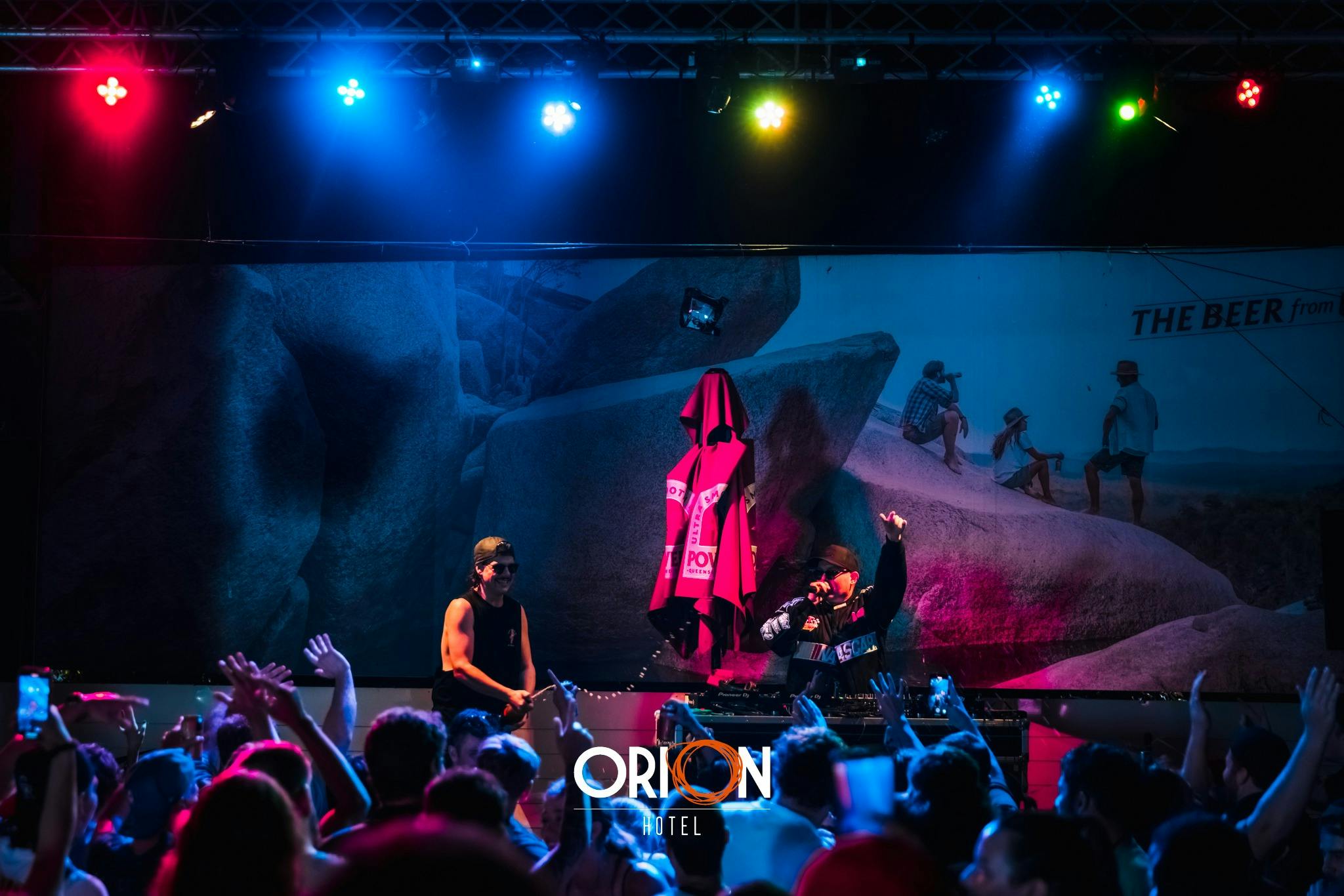 Two DJs on stage performing live to a crowd at Orion Hotel Springfield