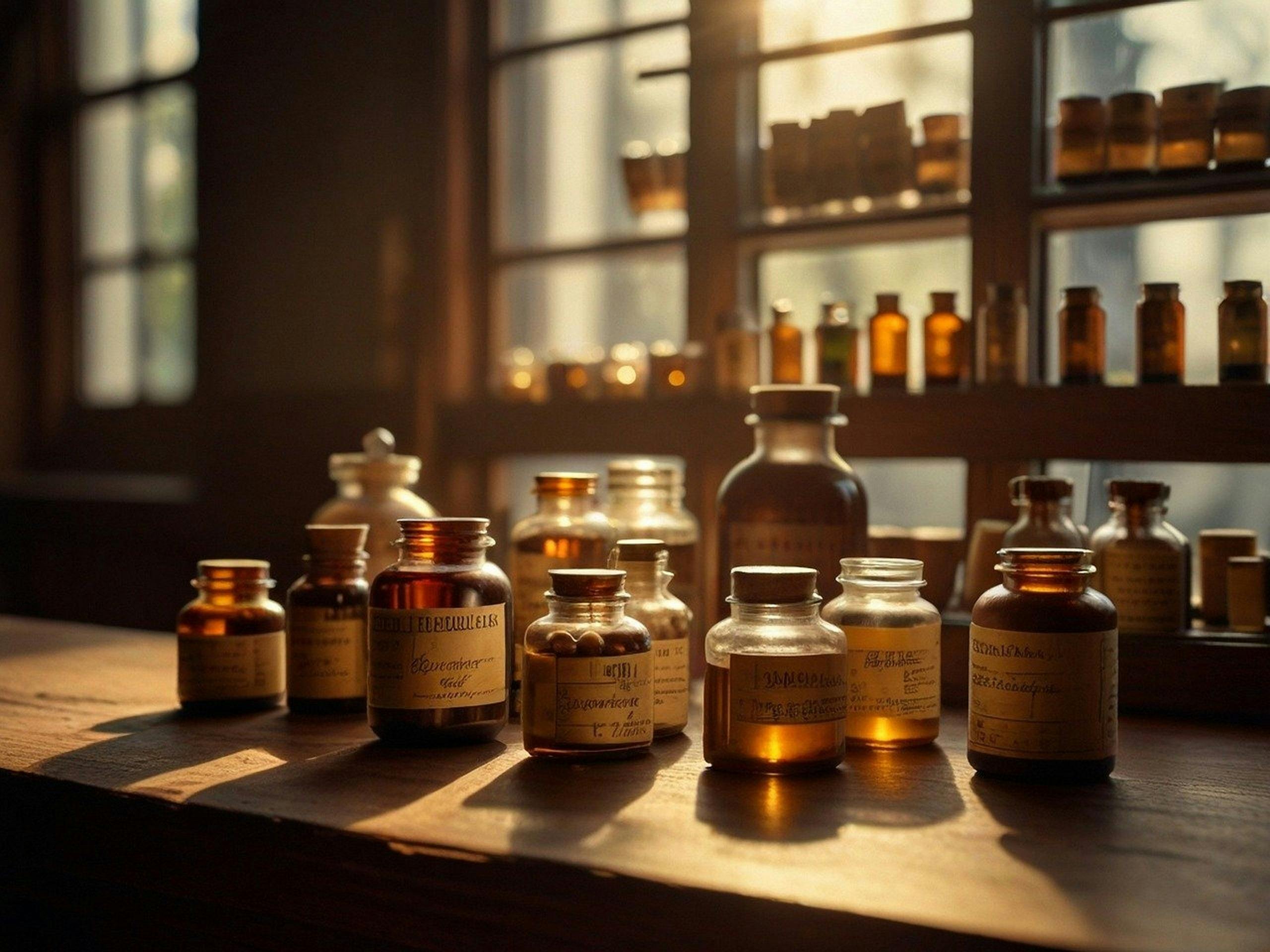 Bottles of traditional medicinal on shelves