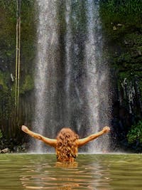 Woman standing in the water in front of Millaa Millaa Falls on the Atherton Tablelands