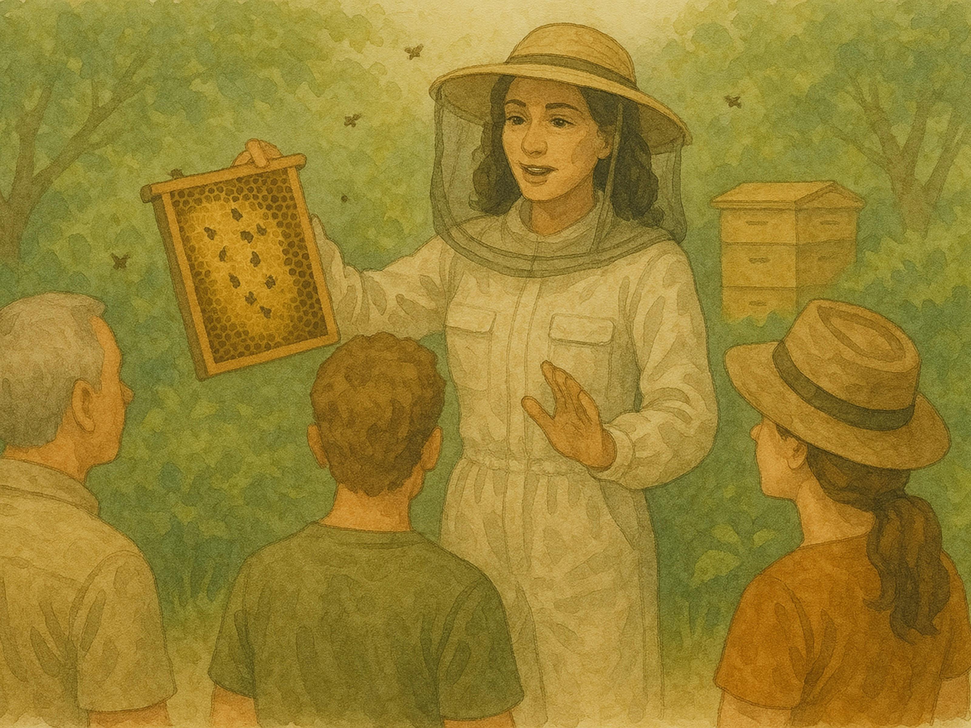 A lady in a beesuit holds up a frame of honey to show the watching participants. Bees are flying