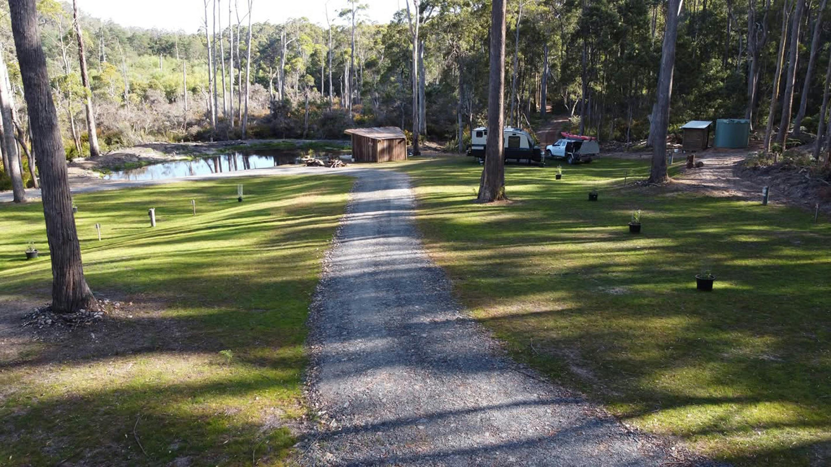 A road leading to a pond and camp shelter, with trees and green lawn camp sites.