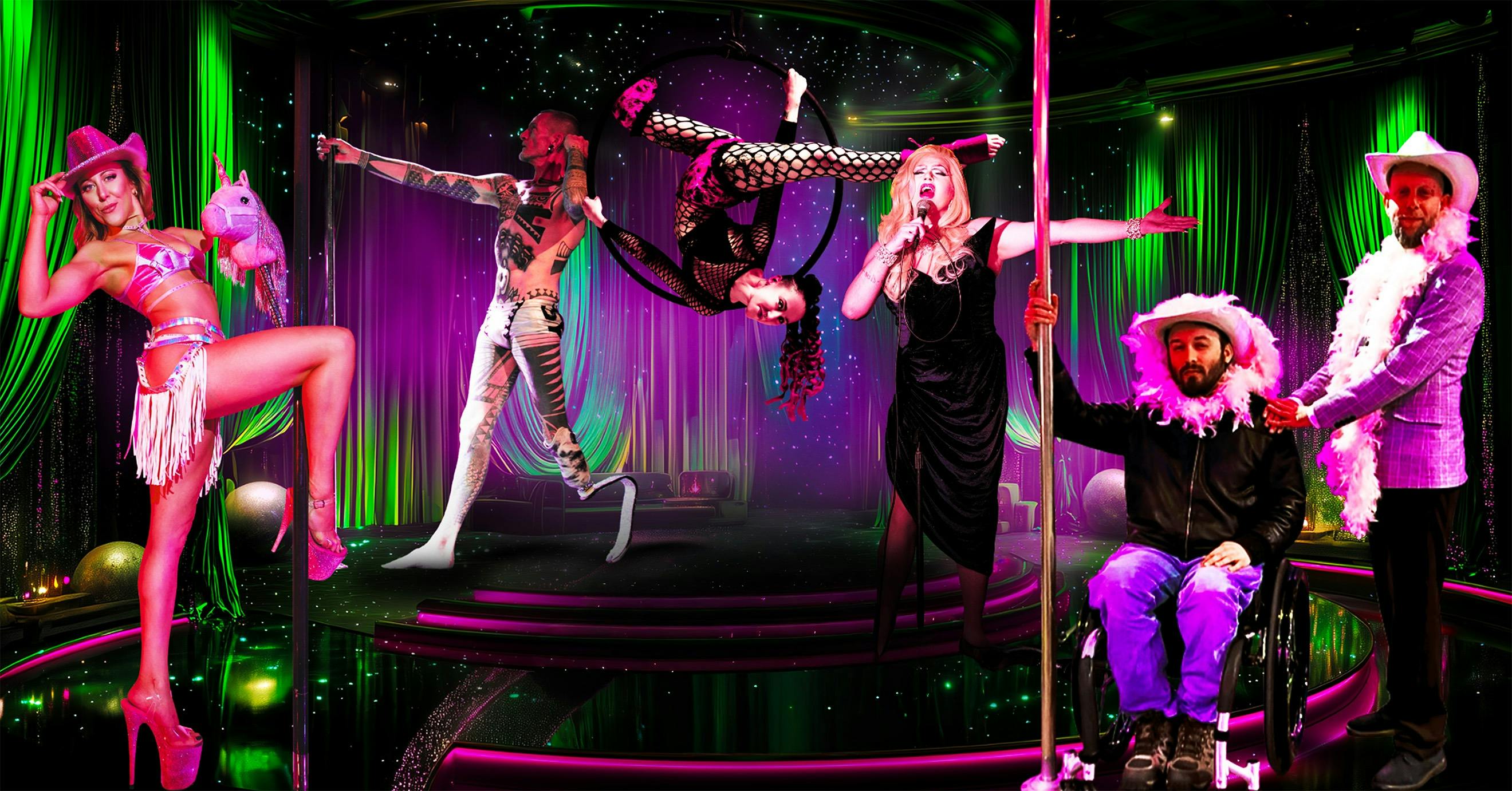 A bright coloured stage with performers of all kinds