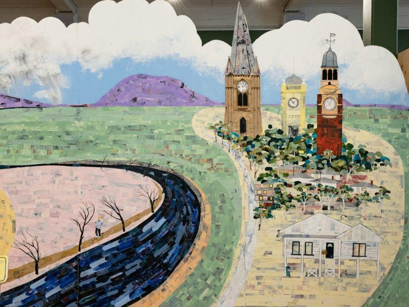 Close up of ghost work collage panel depicting Maitland by artist Ray Monde