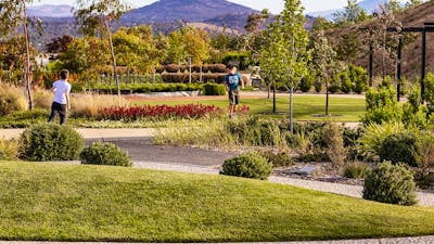 landscape image of the green gardens with two kids running