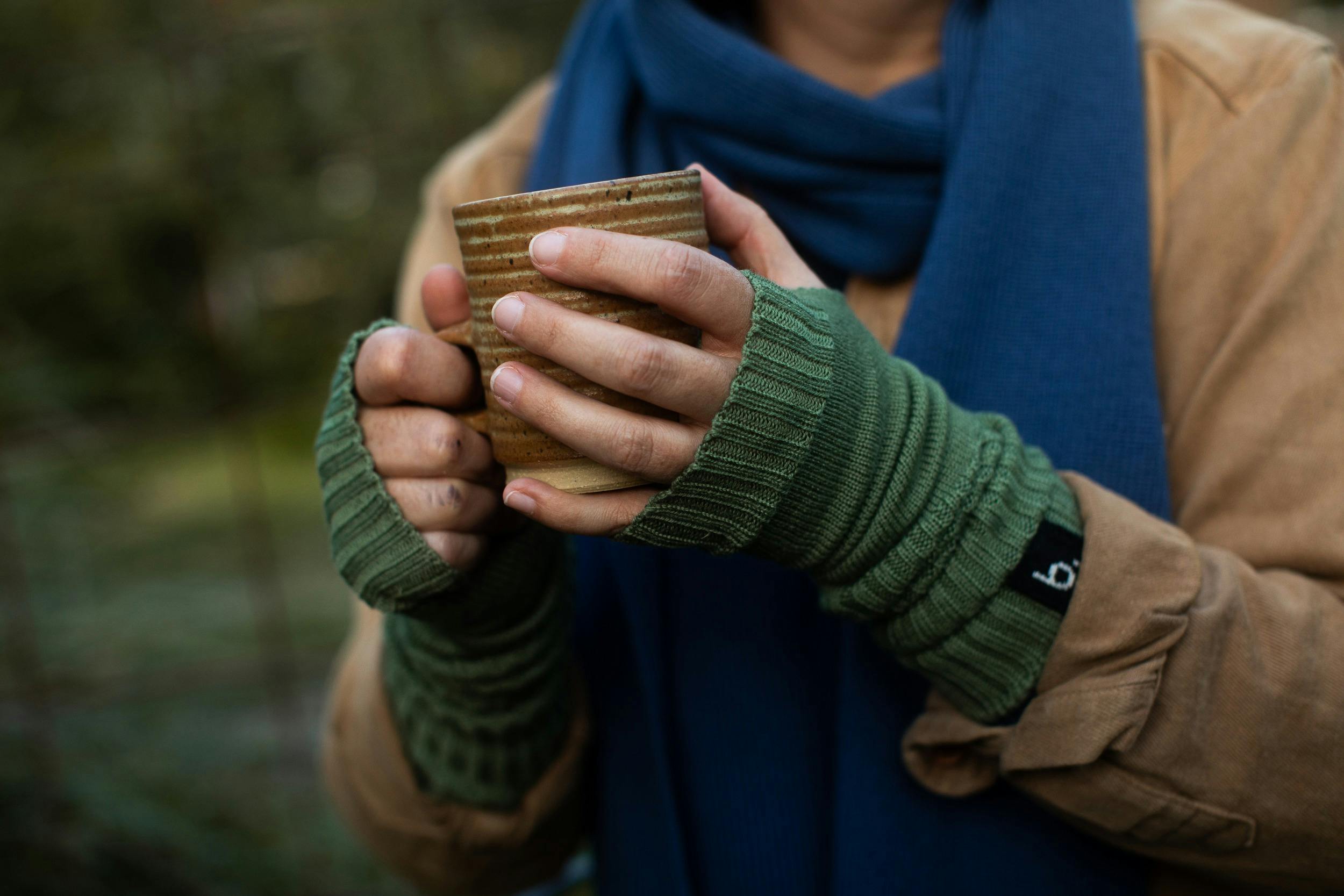 Annie from Shortacre Farm wears the Brood Patch Scarf in Blue Lake and Gembrook Mitts in Autumn Gum