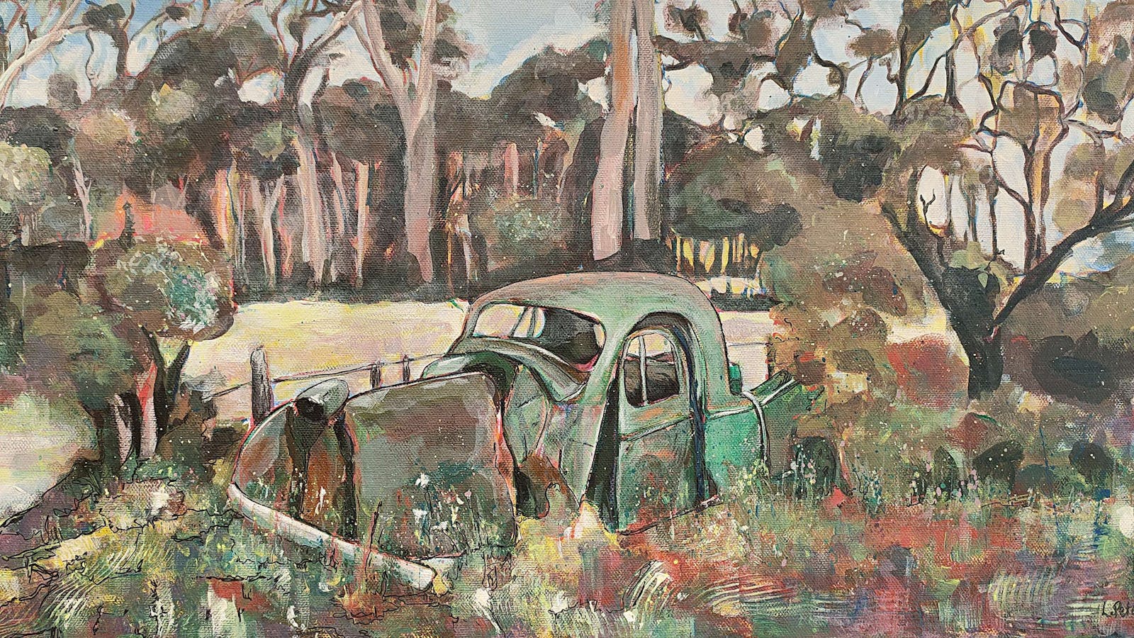 Abandoned old ute at Sunnyside, Blackwood Creek, Acylic