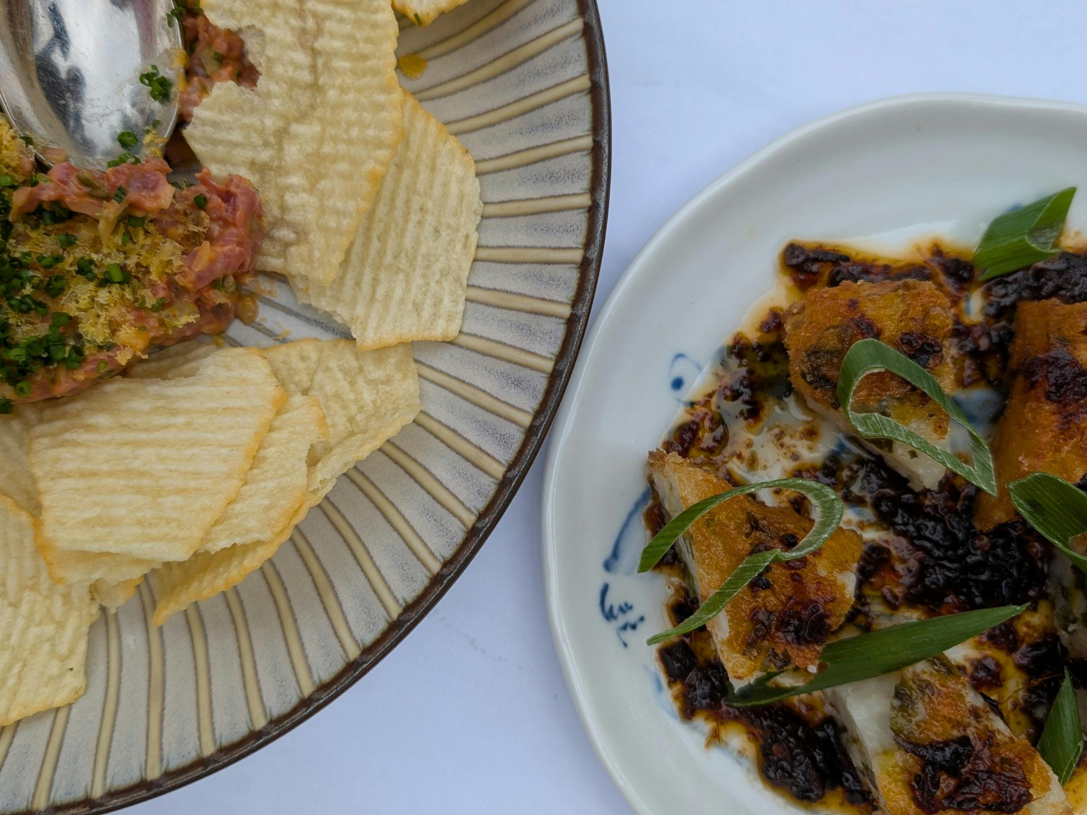 steak tartare abd radish cakes