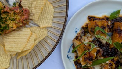 steak tartare abd radish cakes