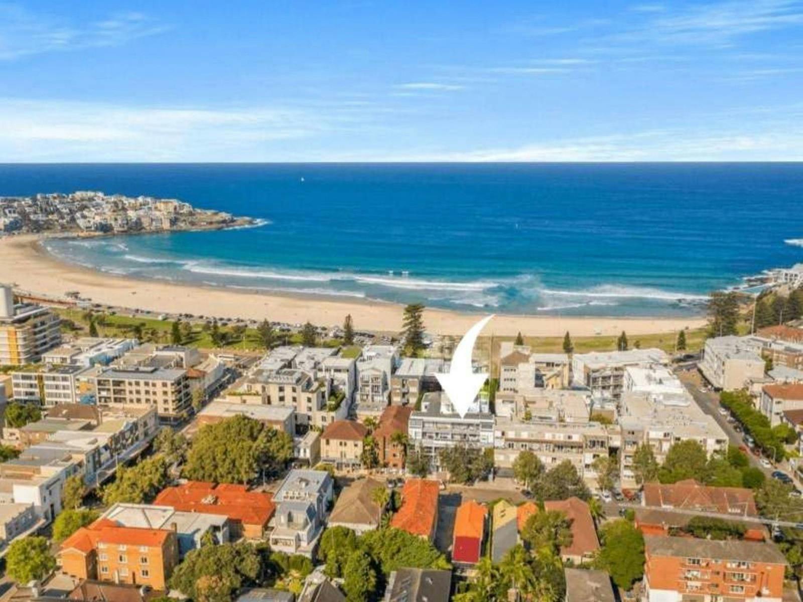 Aerial view of Bondi Beach showing the property location just a short walk from the shore.