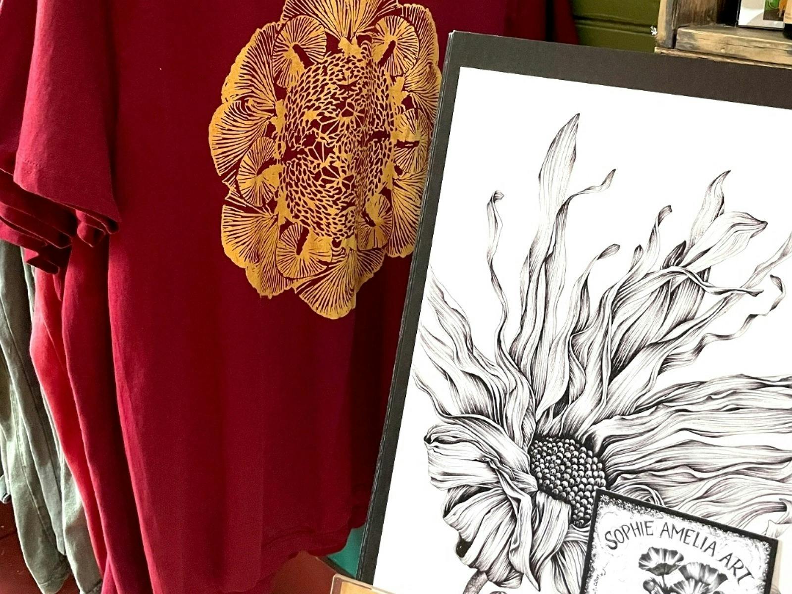 地元アーティストのTシャツ、メンズ、レディースの服、シャツ、ジャンパー、ドレス、アートプリント