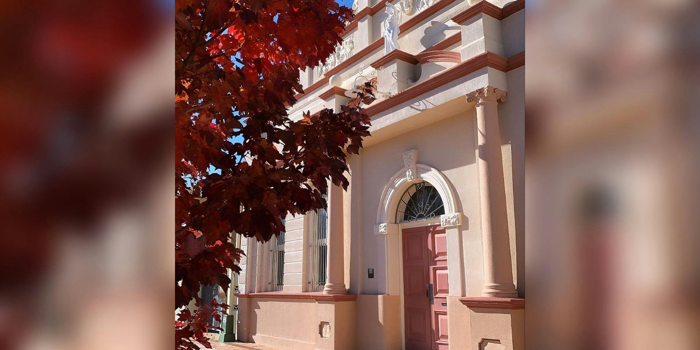 Disused entrance to what was once the School of the Arts Buliding with tree in autum colours on left
