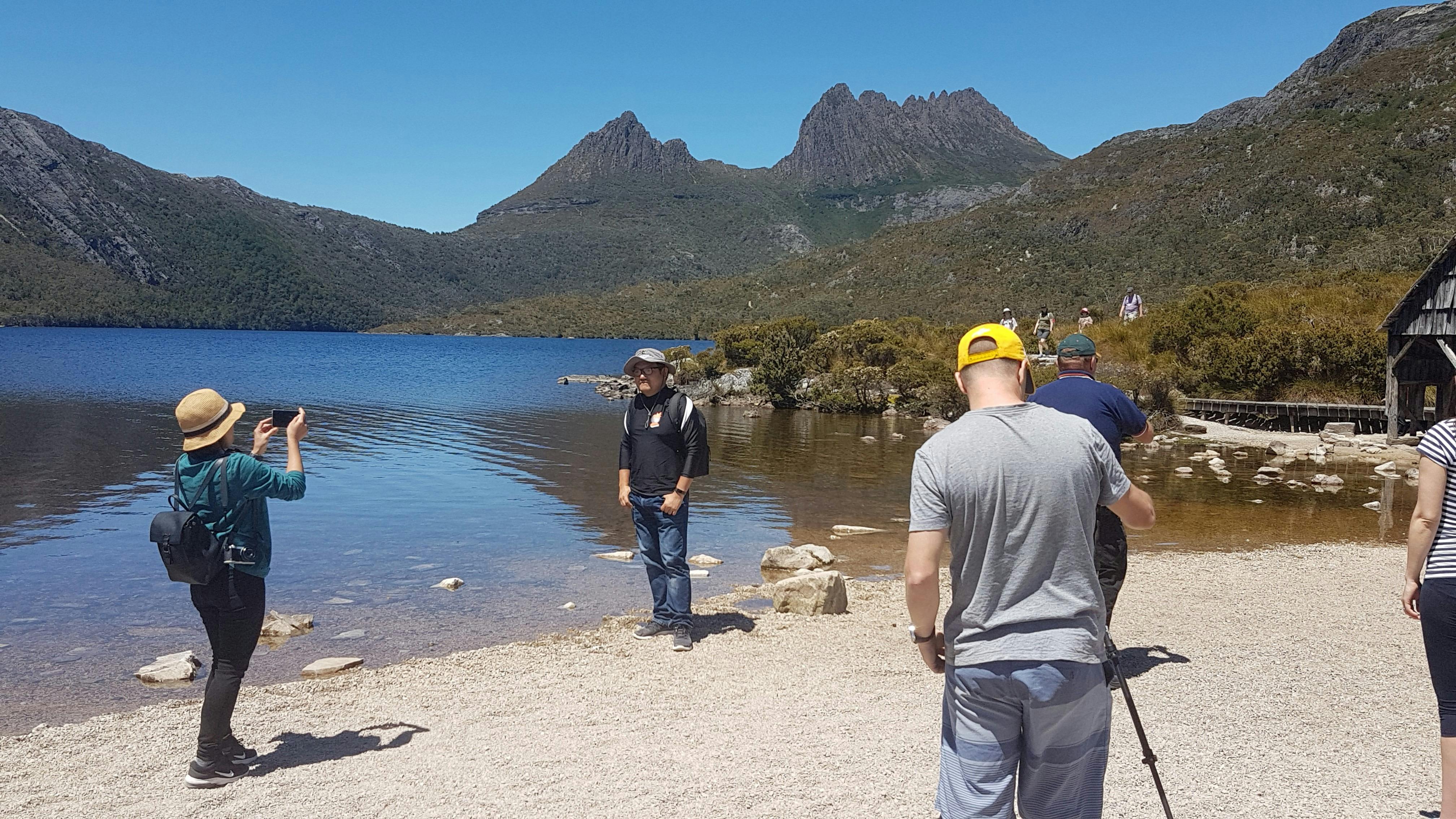 The small beach on Dove Lake, next to the historic boathouse.