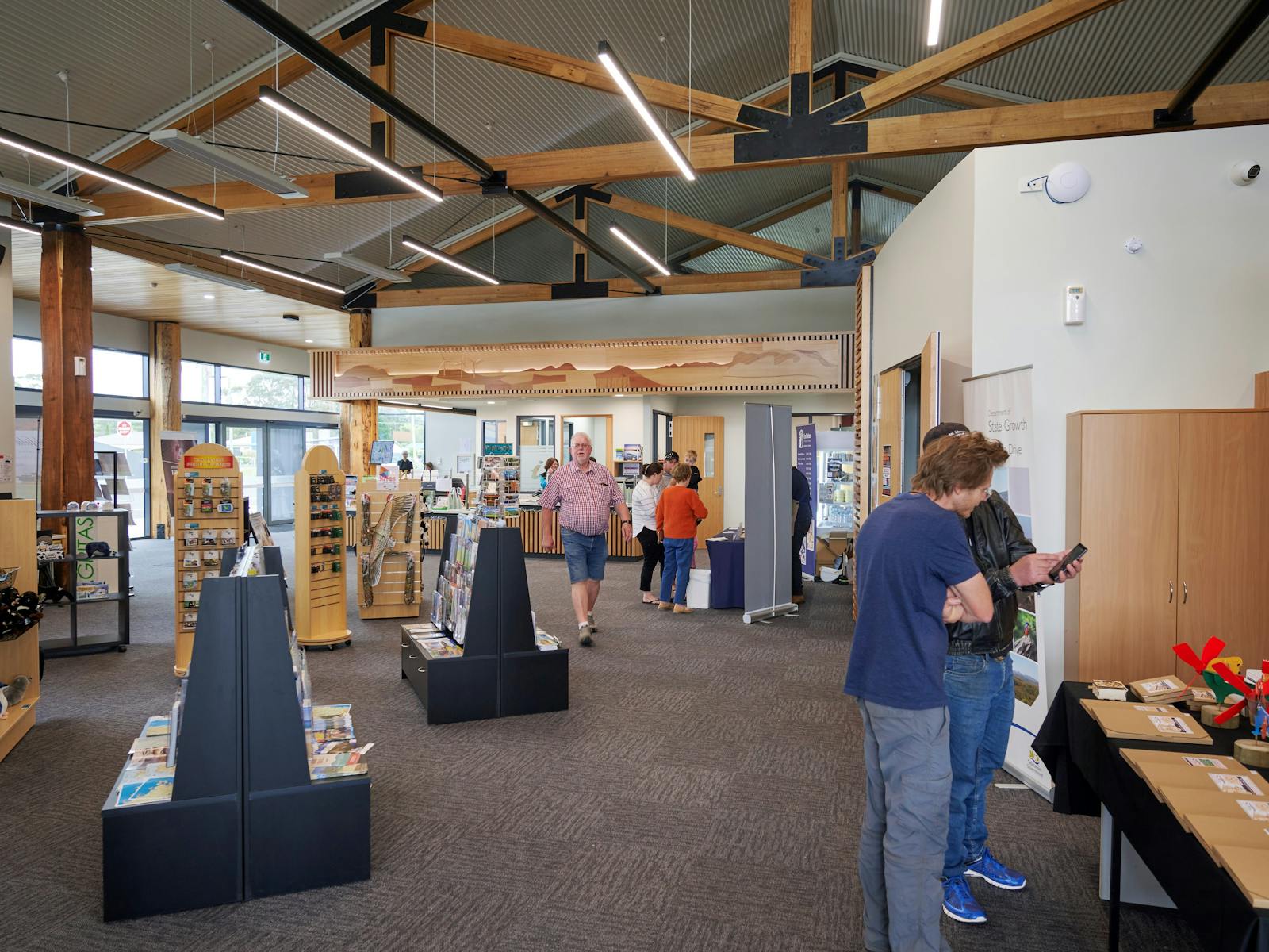 Inside the Smithton Visitor Information Centre with brochures and souvenirs.