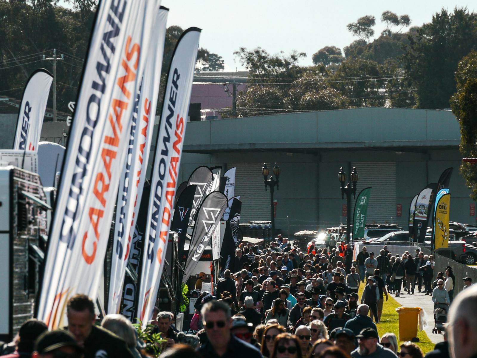Crowds of people walking into the Outdoor Living & Caravan Expo