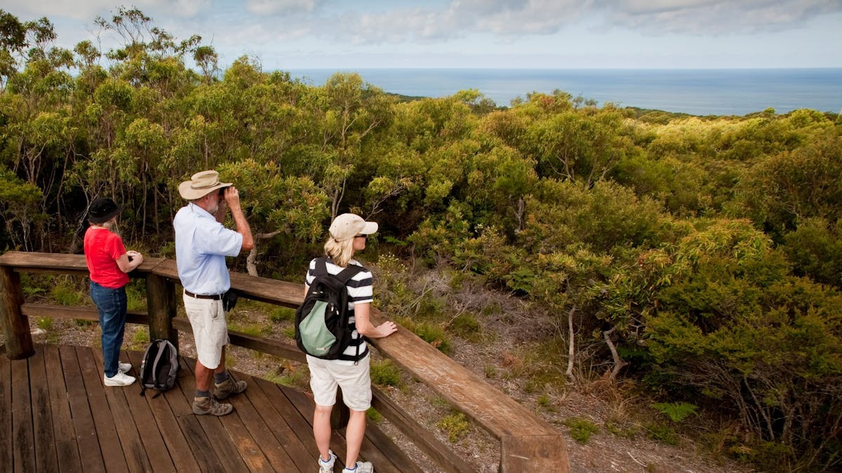 Three people at a wooden lookout.