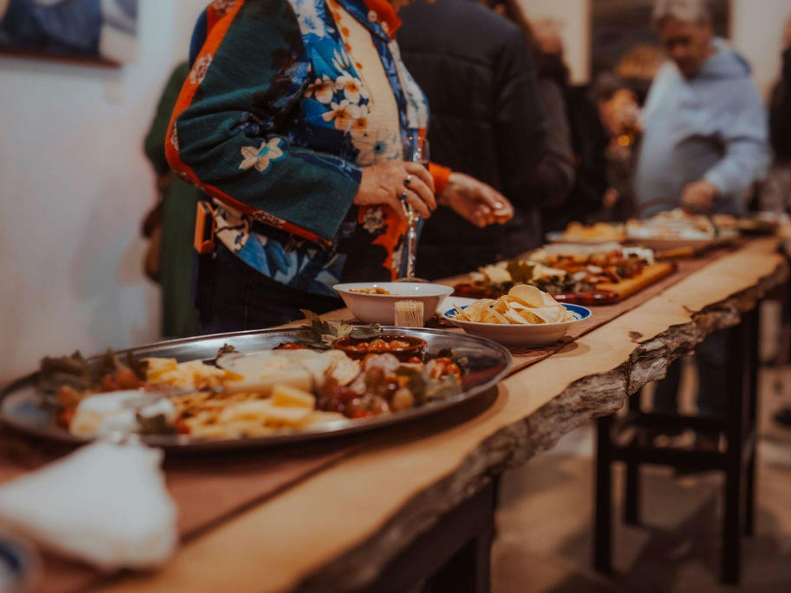 Long table of finger food at the Huon Pine Shop.
