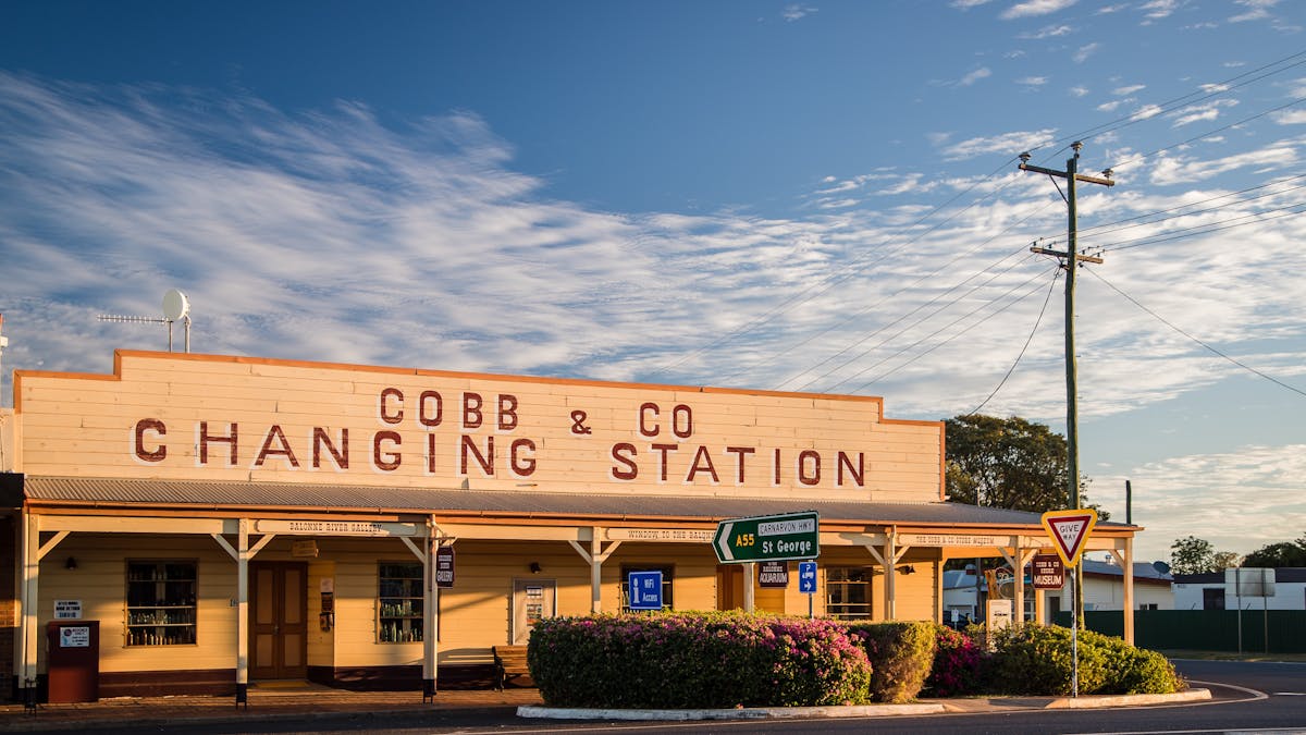 An image of the exterior of the facility, with 'Cobb & Co Changing Station' painted in large letters