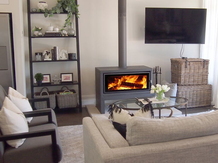 Living Room and Fireplace at Antler & Oak Cottage, Moss Vale