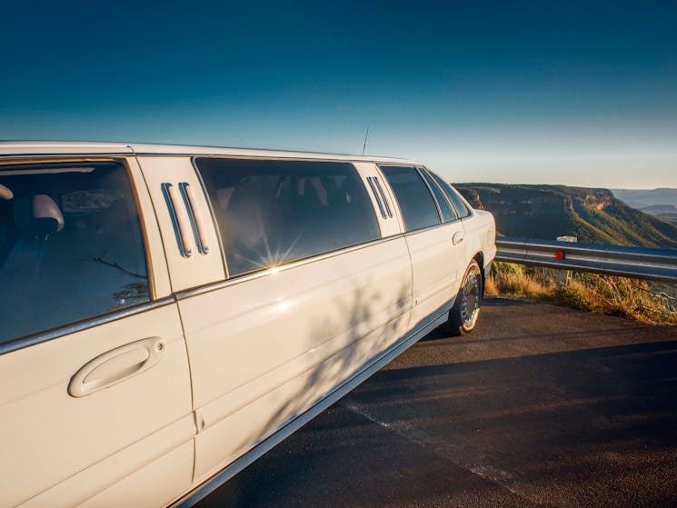 Stretch limousine in front of mountain view