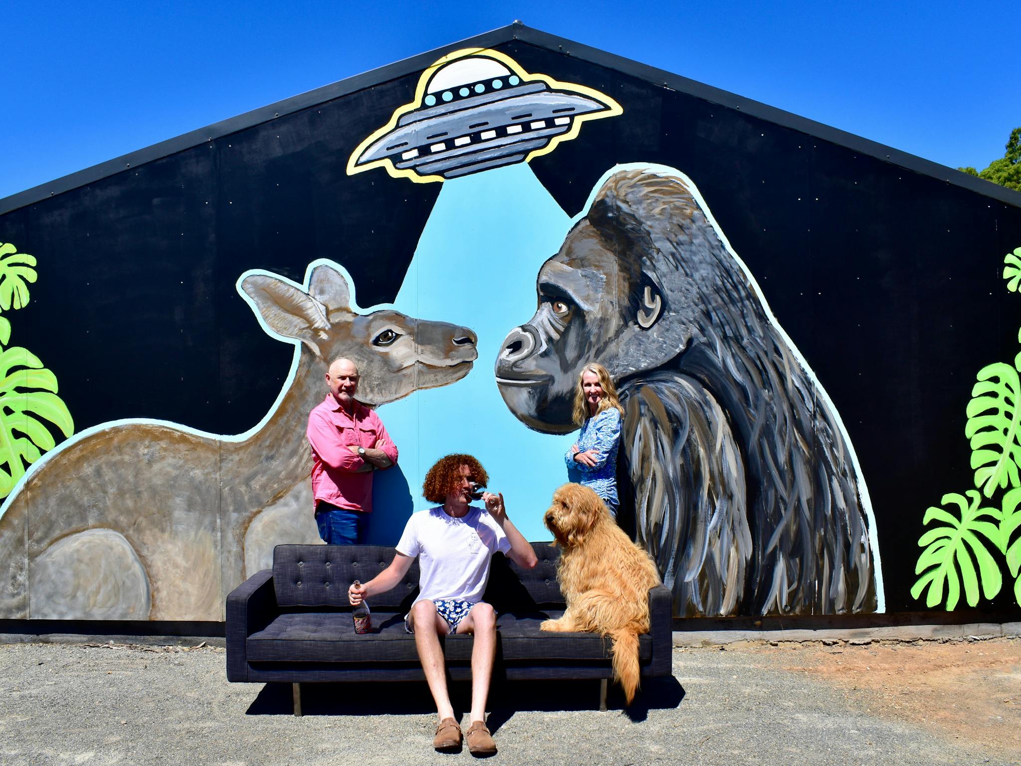 A piece of wall art featuring a kangaroo and a gorilla in the beam of a flying saucer