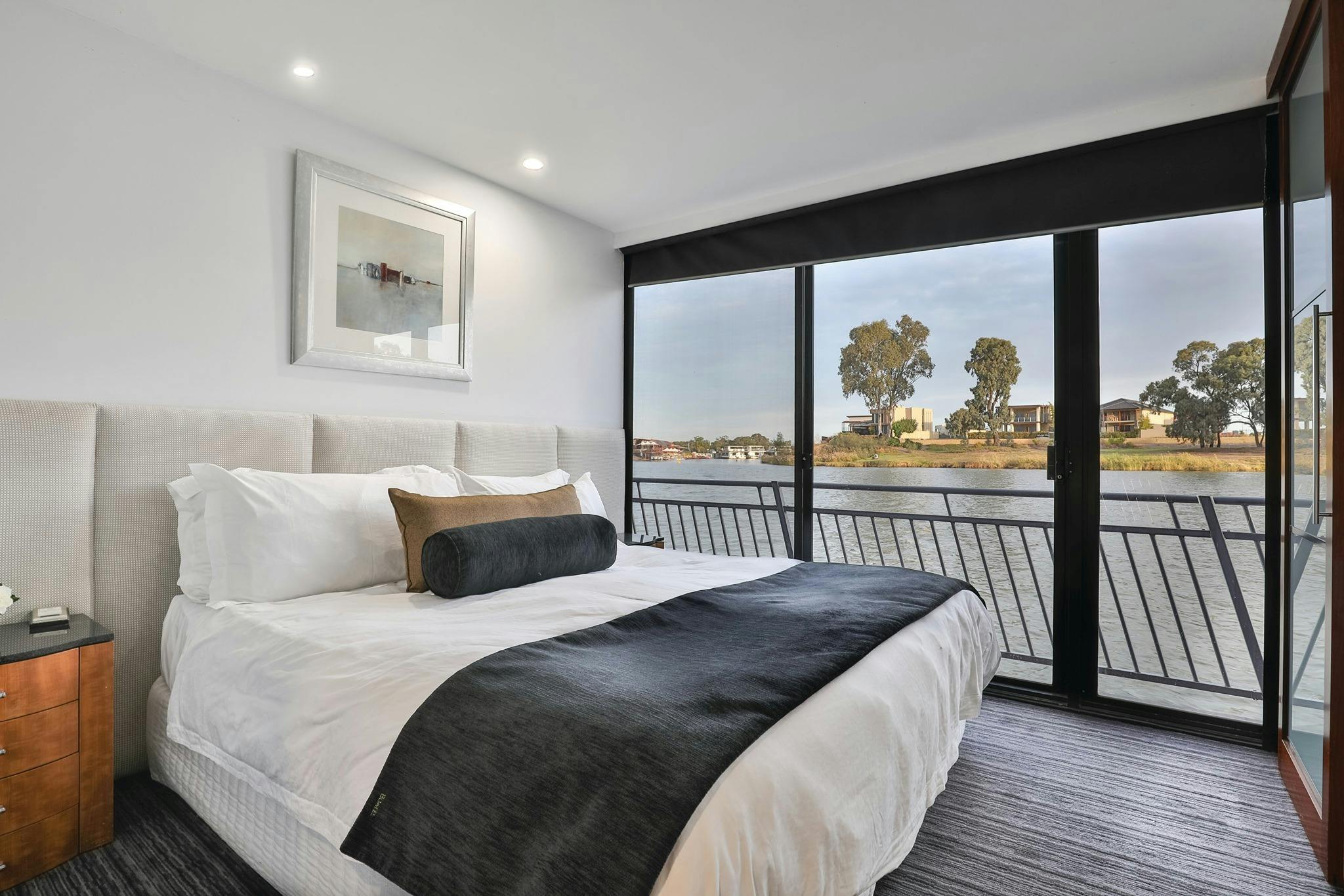 a bedroom inside a houseboat