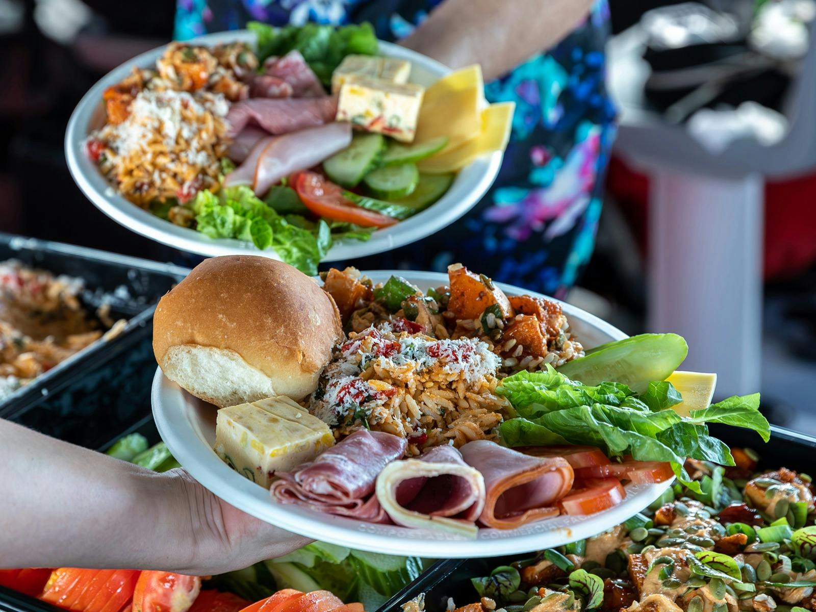 Two plates with buffet style lunch