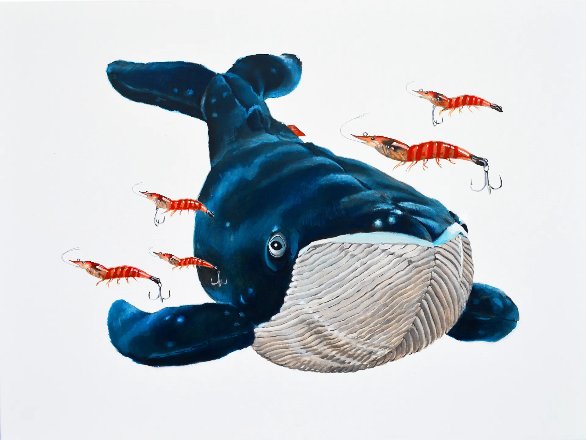 Painting of plush whale and shrimp fishing hooks