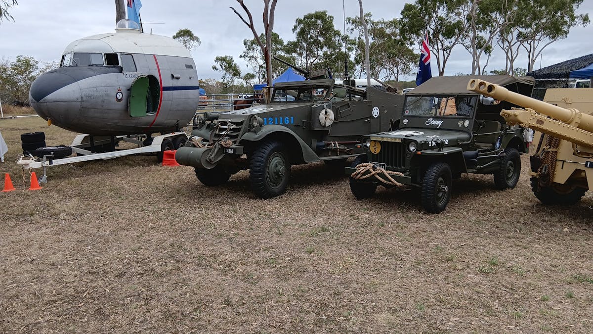 C-47 cockpit section, White Scout Car, Jeep and 35-lb artillery gun