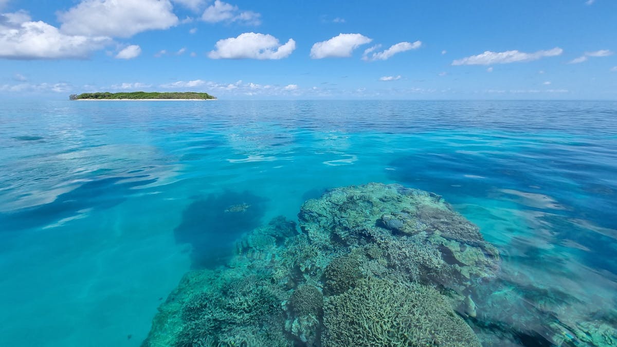 Calm turquoise water with coral reef and island