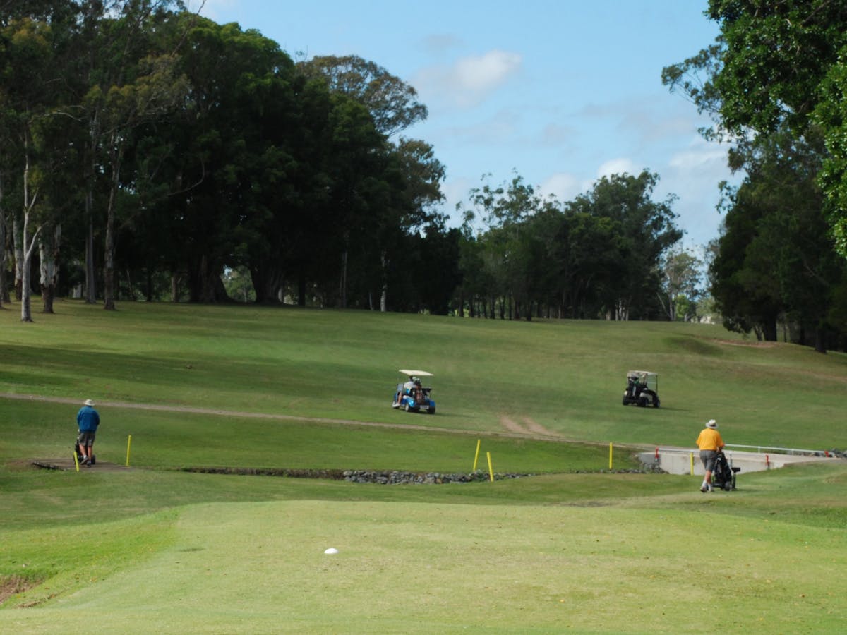 photo showing golfers and golf buggies on a fairway at Maryborough Golf club