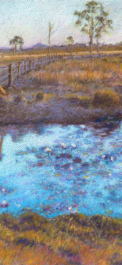 Painting of a pond with waterlilies