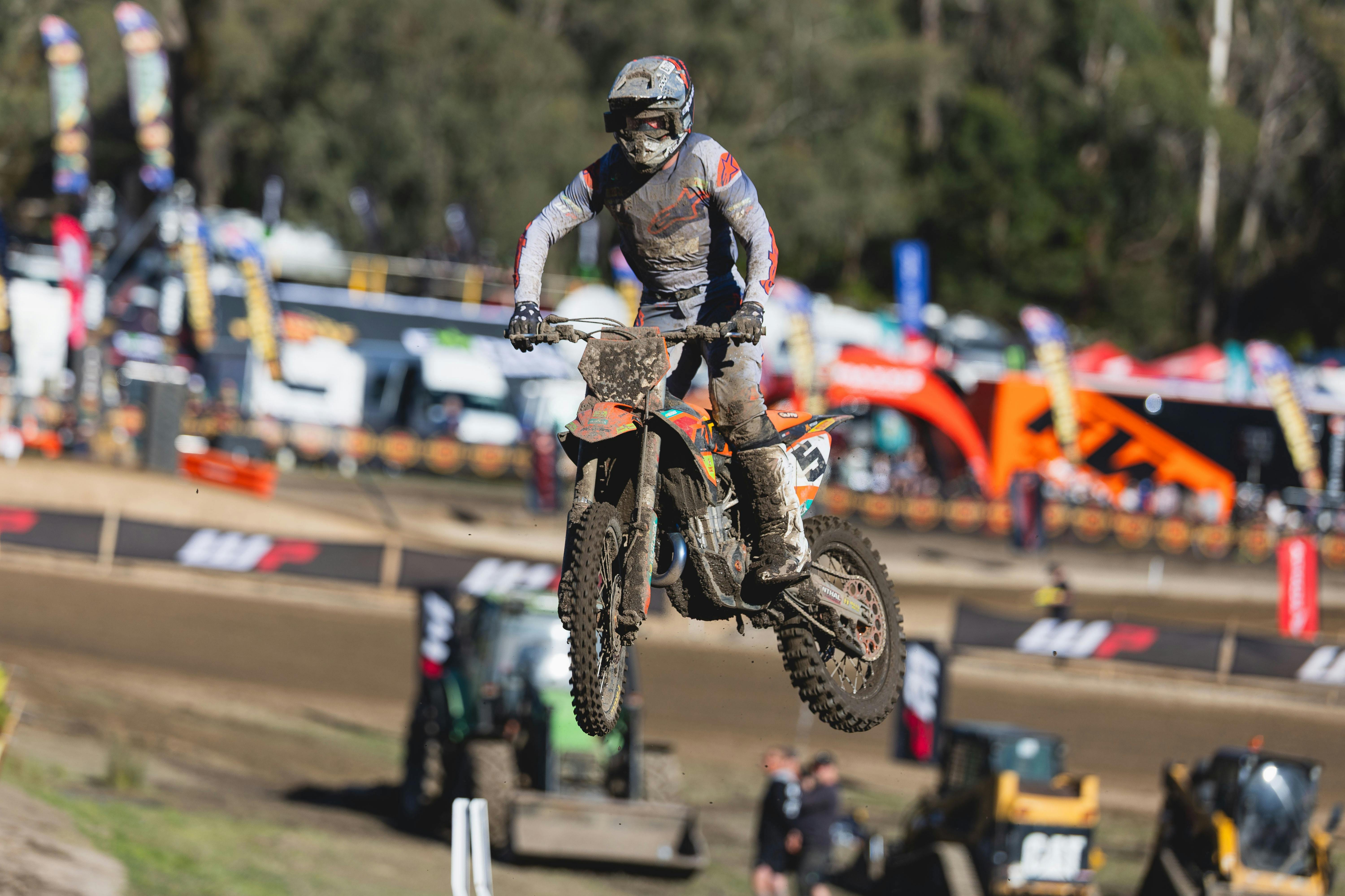 A rider jumps through the air during a race