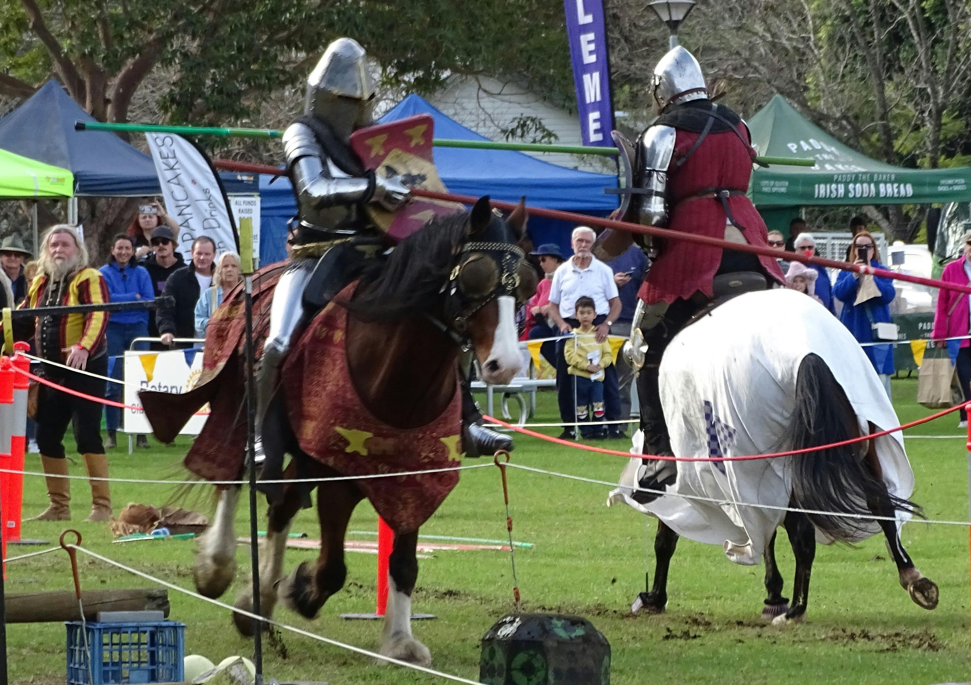 Live entertainment with jousters, medieval knights, bands, heavy lifters, food and street stalls.