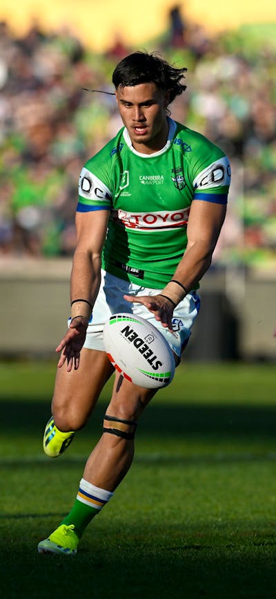 Canberra Raiders player Kaeo Weekes kicks the ball.