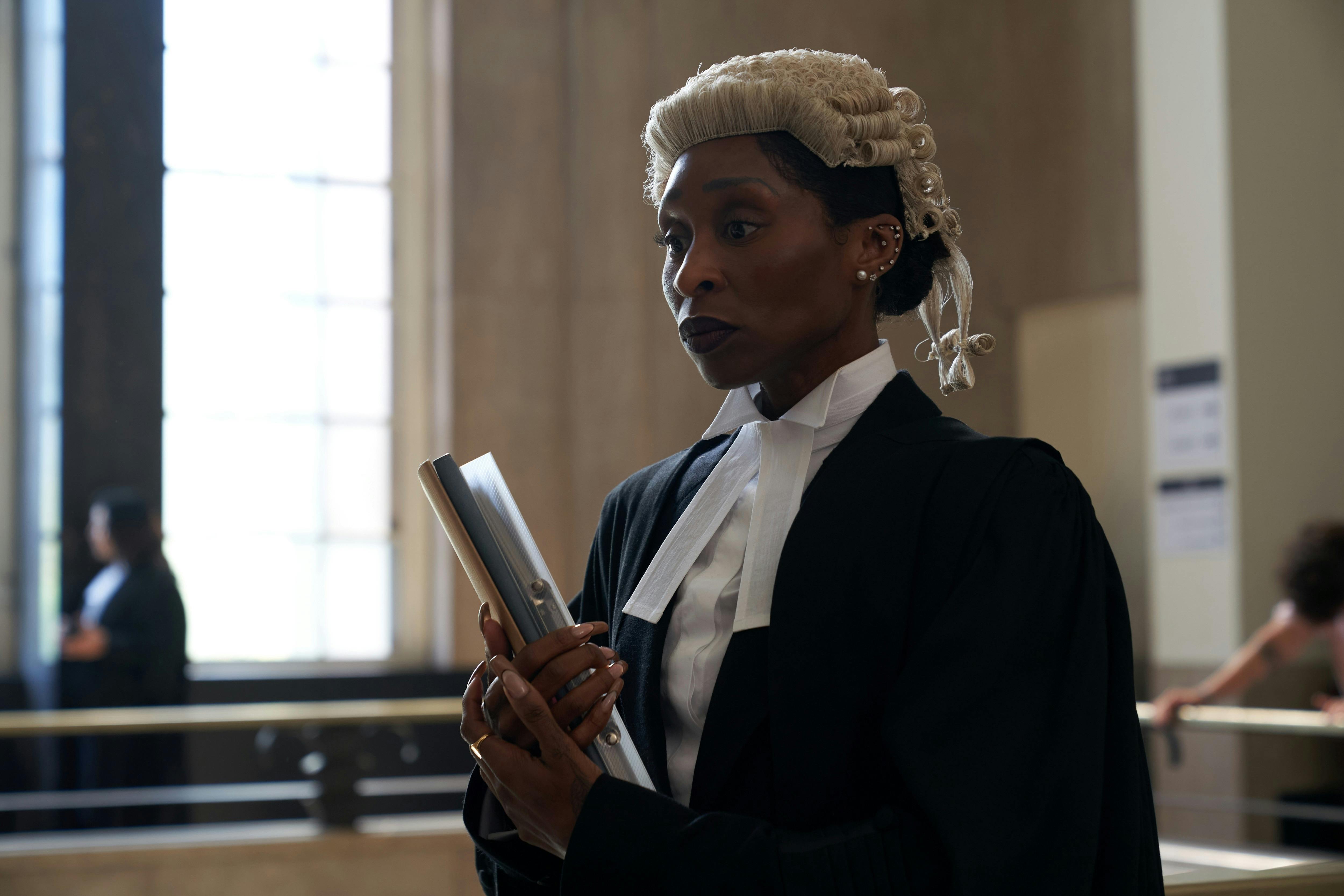 Woman in lawyer silks stands in courtroom