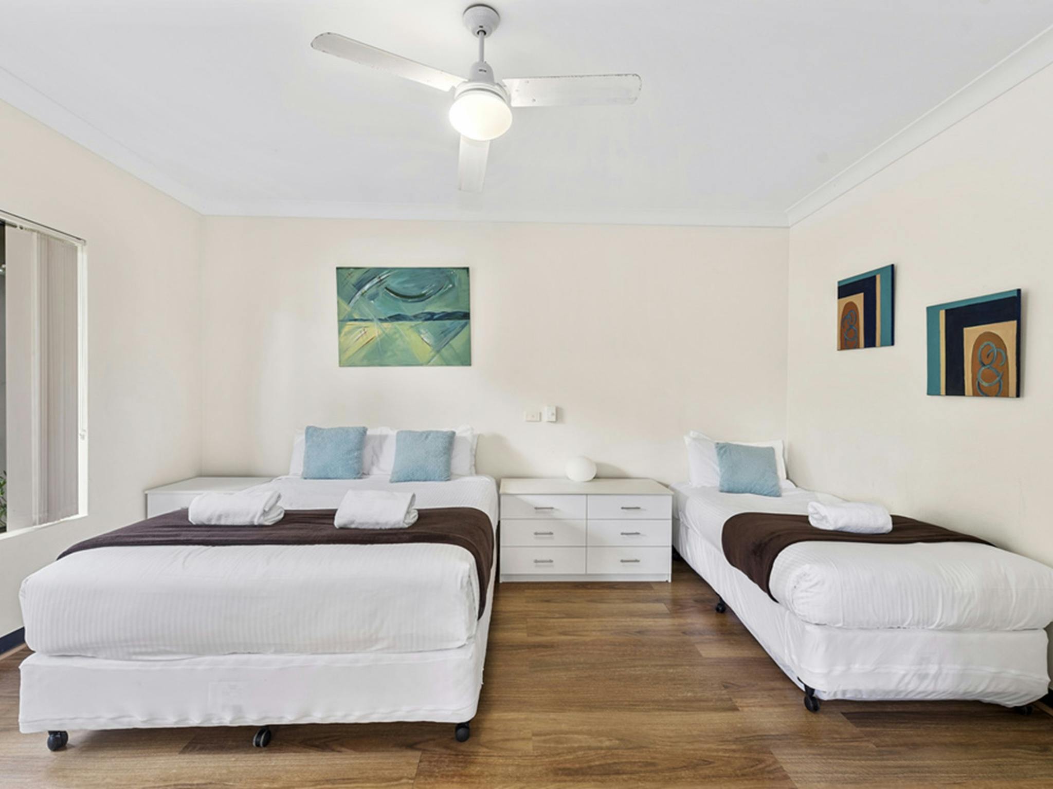 The master bedroom layout in a 2 bedroom apartment at Smugglers On The Beach Coffs Harbour