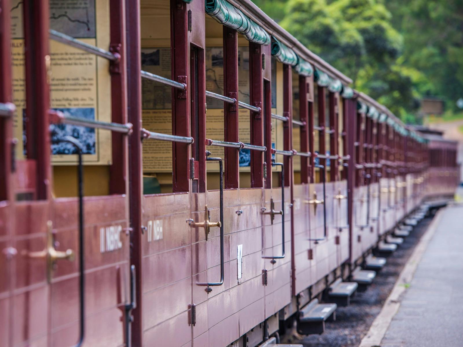 Red train carriages attached to Puffing Billy steam train