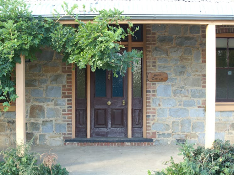 Front door of stone cottage