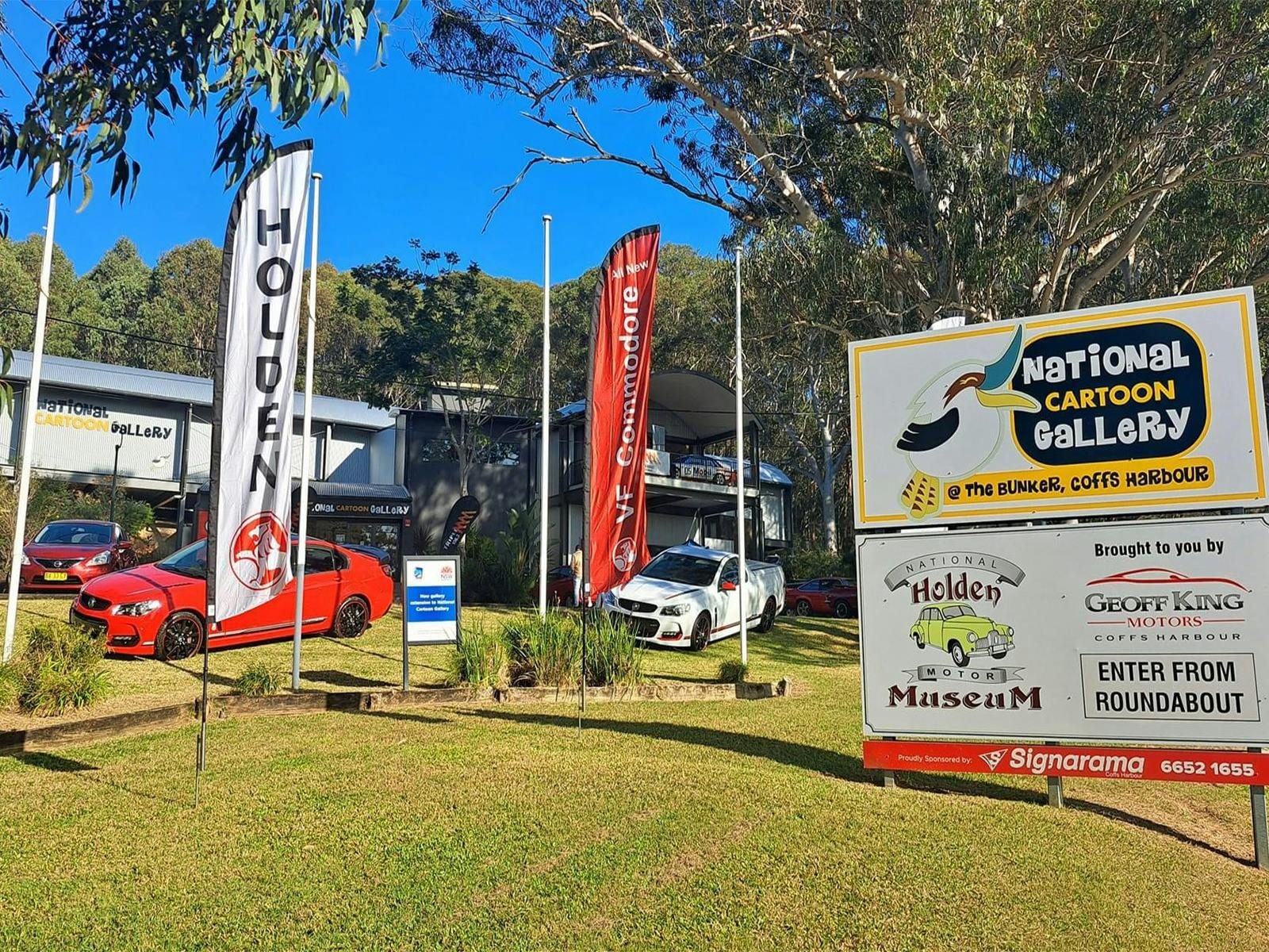 The outside of the bunker, including the National Holden Motor Museum and Cartoon Gallery