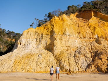 A couple looking up at the clips from the sand