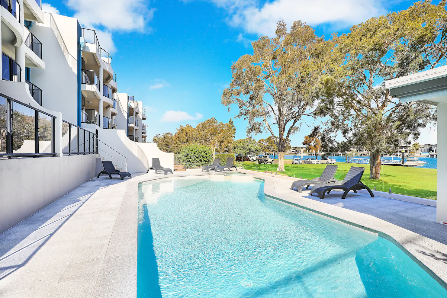 Beautiful river view while relaxing in the pool at Spinnaker Quays